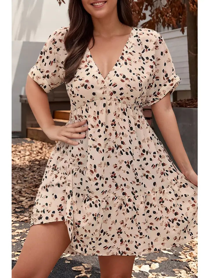 Plus Size Surplice V Neck Cuffed Sleeve Empire Waist Dress