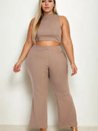 Plus Size Ribbed Mock Neck Crop Tank Top& Bootcut Pants Set