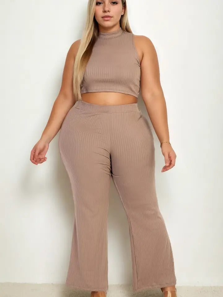 Plus Size Ribbed Mock Neck Crop Tank Top& Bootcut Pants Set