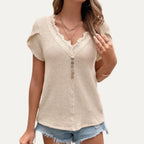 Delicate Apricot Waffle Knit Button-Front Short Sleeve Top