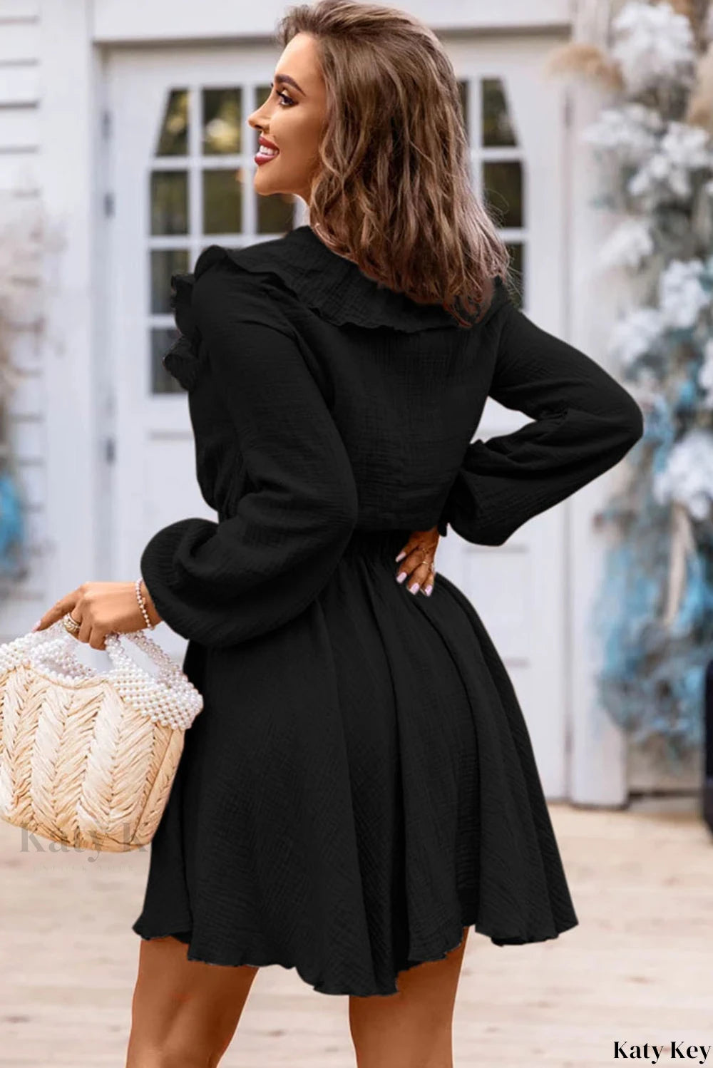 Textured Ruffled V Neck High Waist Mini Dress