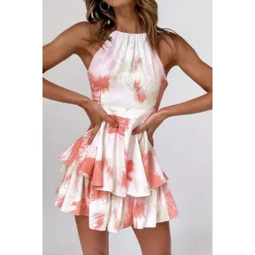 Criss Cross Backless Tiered Flounce Sleeveless Romper