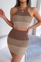 Block Halter Tank Top with Skirt Two Pieces Set