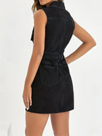 Single-Breasted Pocket Tassel Sleeveless Denim Dress