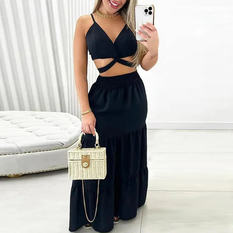 HK4100-Women 2 Piece Top and Skirt Outfits Clothes Suit Set