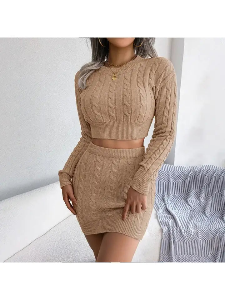 WOMEN Cable Knit Crop Sweatshirt and Skirt Set