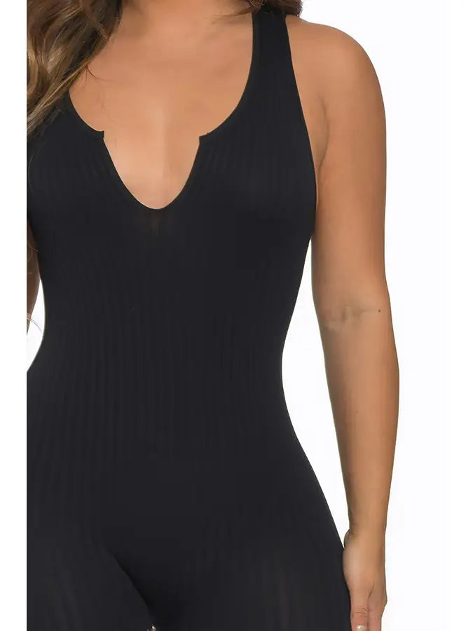 Seamless Ribbed Split V Neck Jumpsuit