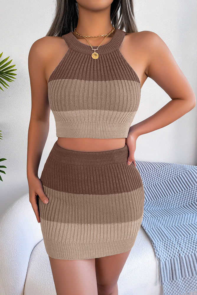 Block Halter Tank Top with Skirt Two Pieces Set