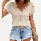 Delicate Apricot Waffle Knit Button-Front Short Sleeve Top