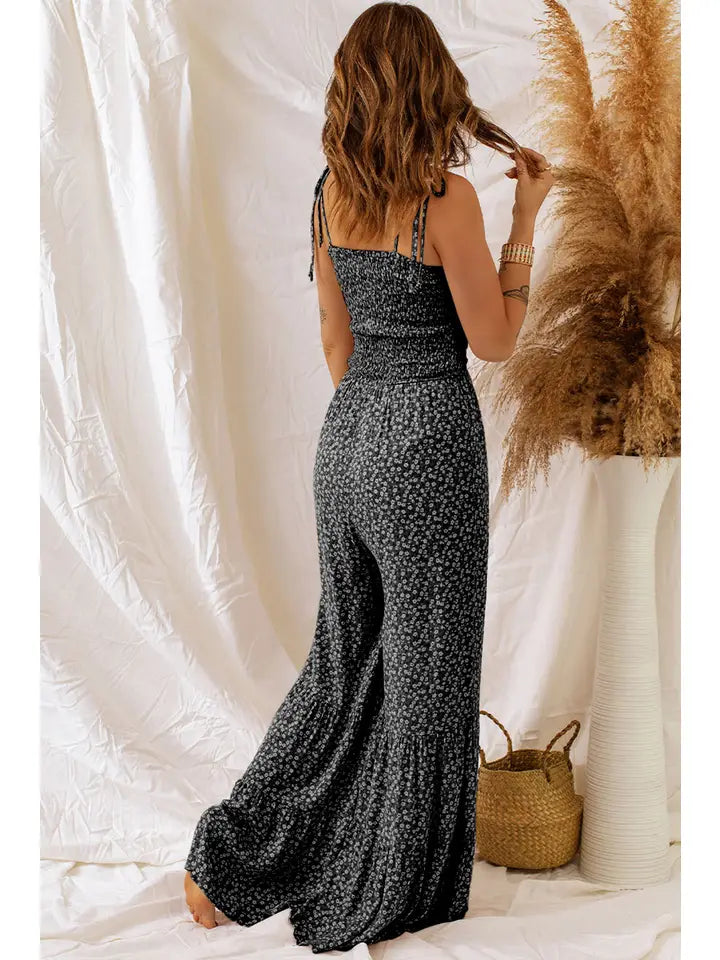 Straps Smocked Bodice Wide Leg Floral Jumpsuit