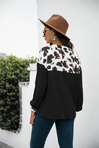 Cow Print Patchwork Western Waffle Knit Blouse Top