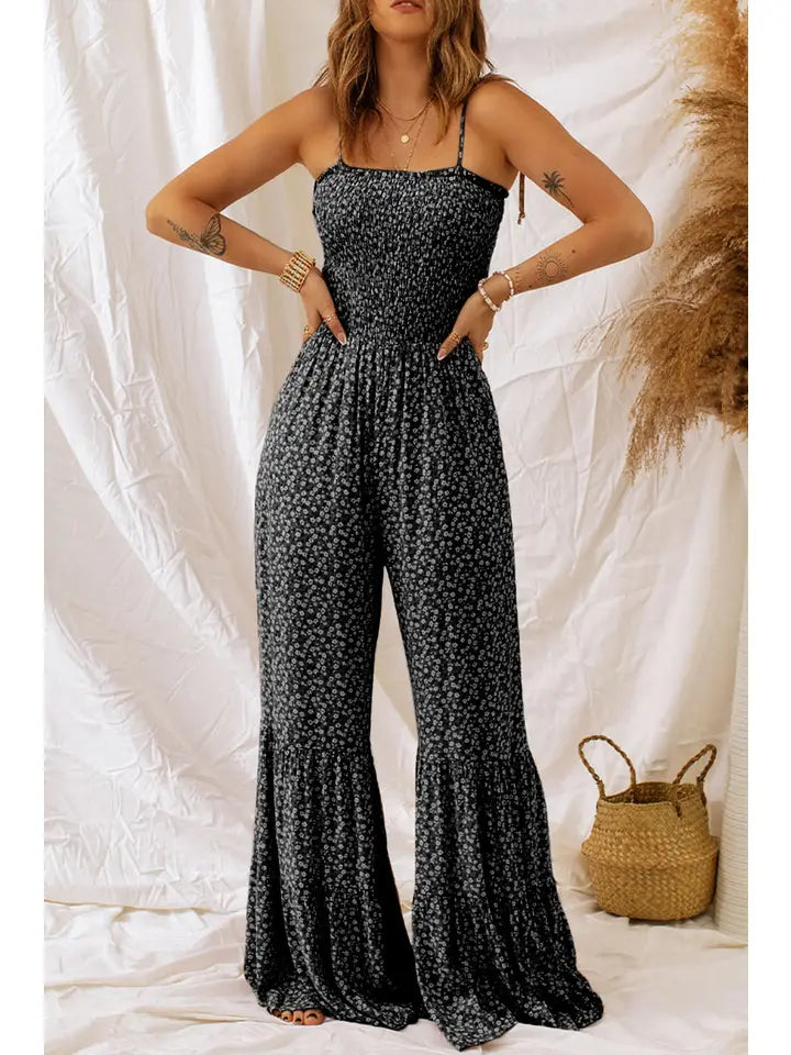 Straps Smocked Bodice Wide Leg Floral Jumpsuit