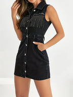 Single-Breasted Pocket Tassel Sleeveless Denim Dress