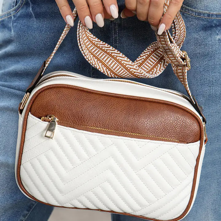 White Quilted Contrast Color Square Crossbody Shoulder Bag