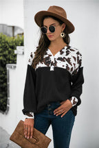 Cow Print Patchwork Western Waffle Knit Blouse Top