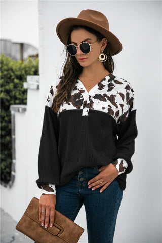 Cow Print Patchwork Western Waffle Knit Blouse Top