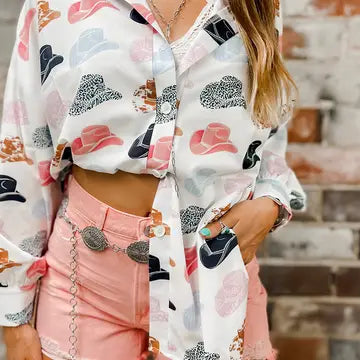 Cowgirl Hat Print Button Up Shirt