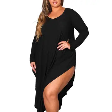 Women's Plus Long Sleeve Scoop Neck Ruffle V Hem Midi Dress