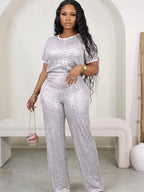 Sequin Solid Color Short-Sleeved Top Pants Two-Piece Set