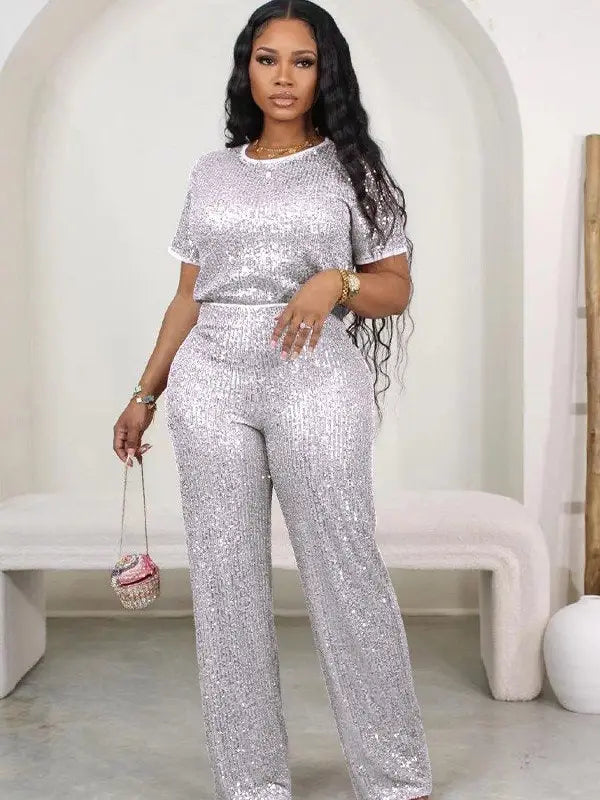 Sequin Solid Color Short-Sleeved Top Pants Two-Piece Set