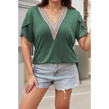 Embroidery V Neck Draped Sleeve Plus Size Blouse