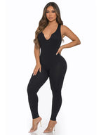 Seamless Ribbed Split V Neck Jumpsuit