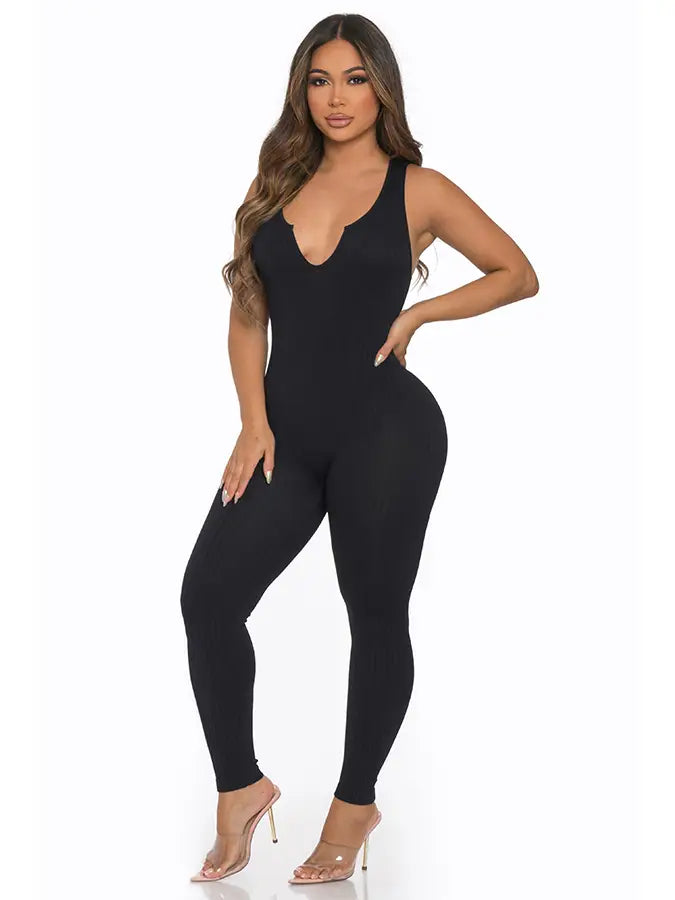 Seamless Ribbed Split V Neck Jumpsuit