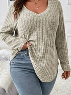 Plain V Neck Rib Plus Size