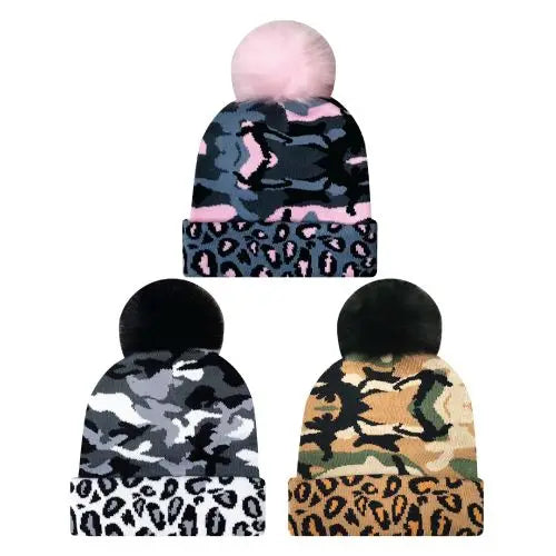 Camouflage Pom Pom Beanies - 3 Assorted Colors