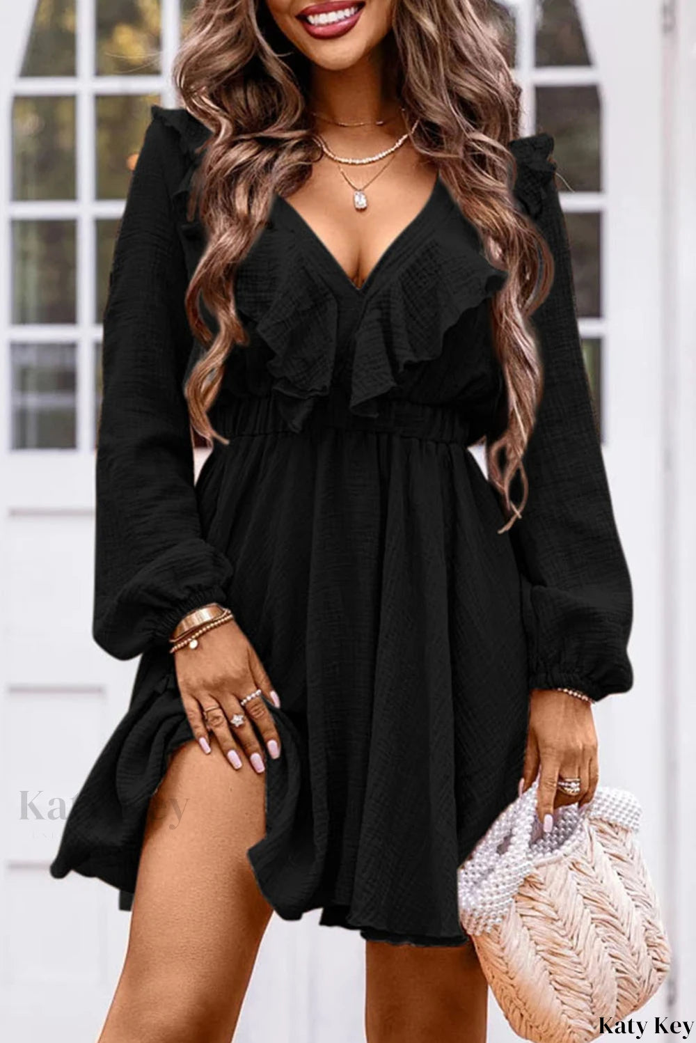 Textured Ruffled V Neck High Waist Mini Dress
