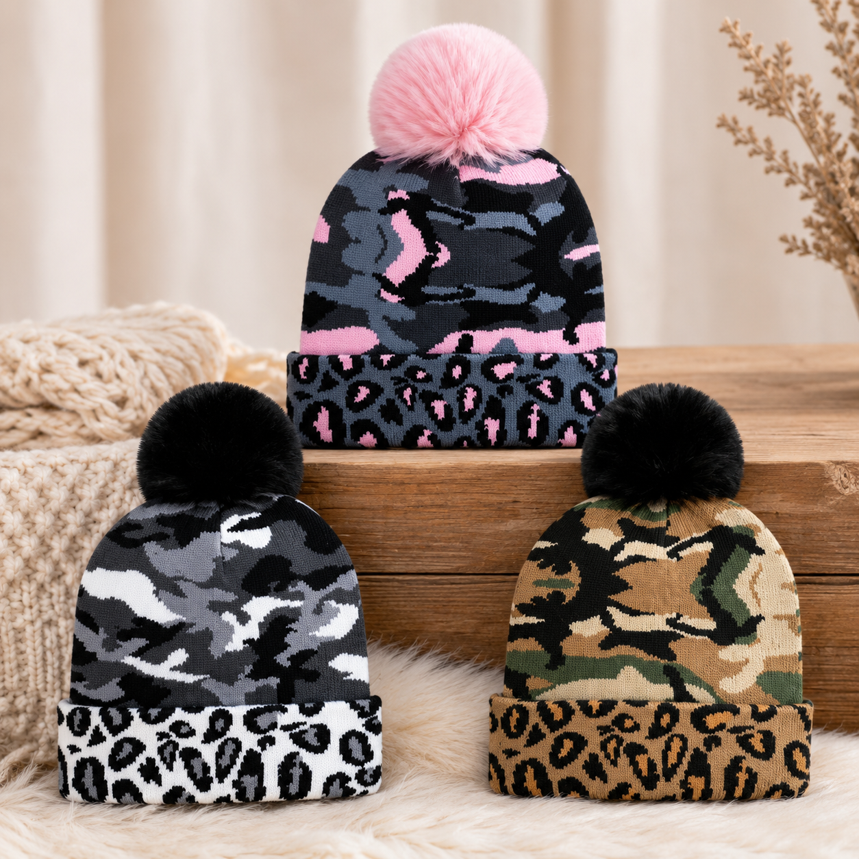 Camouflage Pom Pom Beanies - 3 Assorted Colors