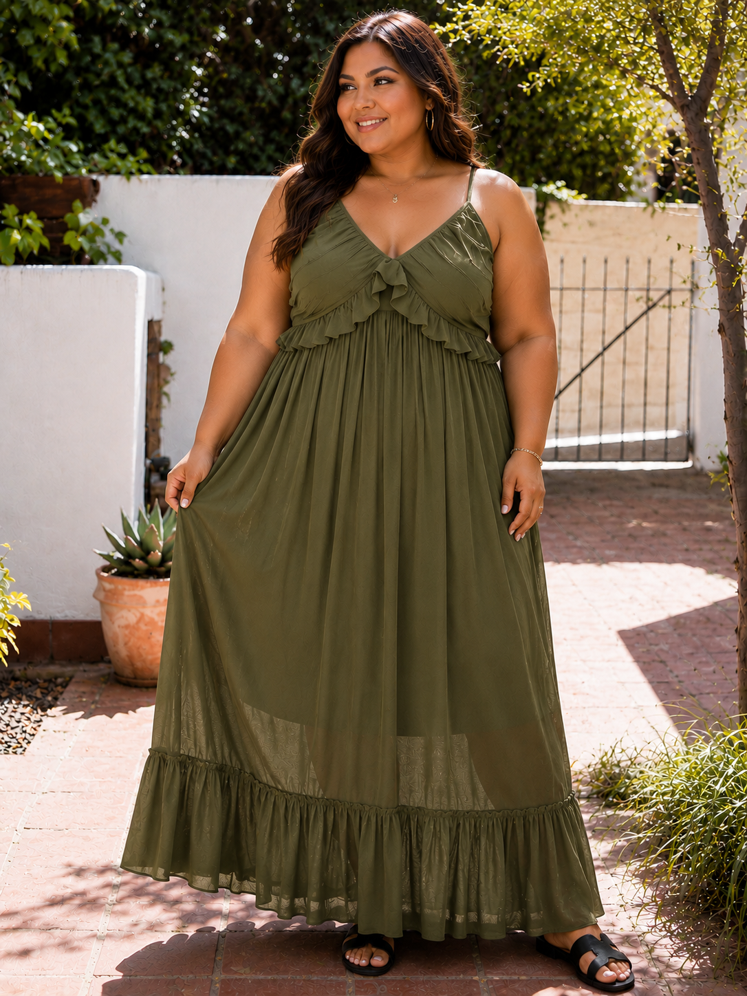 Plus Size Ruffle V Neck Maxi Dress