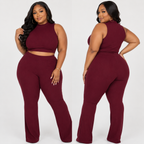 Plus Size Ribbed Mock Neck Crop Tank Top& Bootcut Pants Set