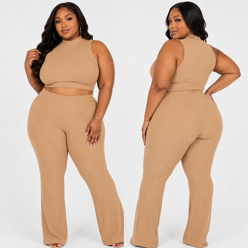 Plus Size Ribbed Mock Neck Crop Tank Top& Bootcut Pants Set