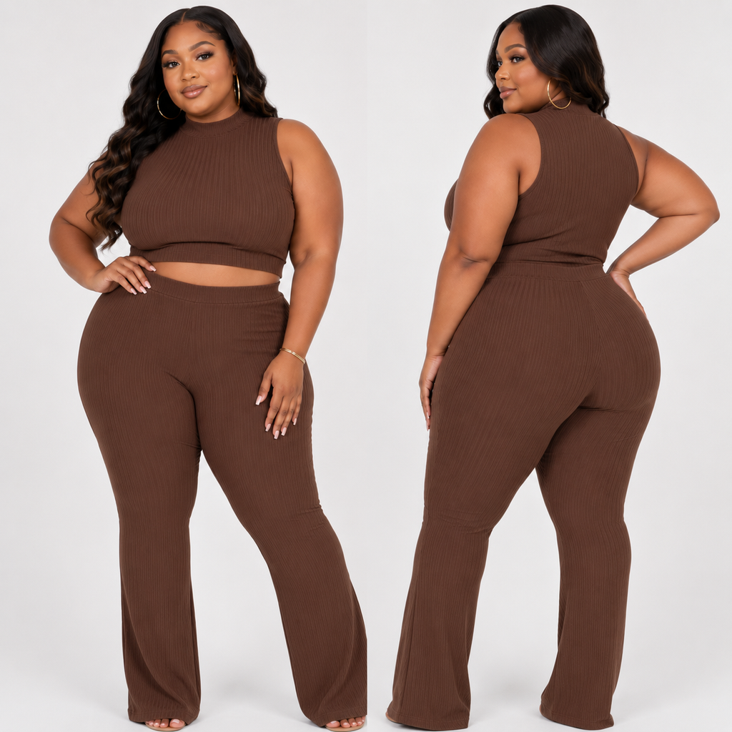 Plus Size Ribbed Mock Neck Crop Tank Top& Bootcut Pants Set