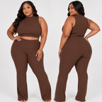 Plus Size Ribbed Mock Neck Crop Tank Top& Bootcut Pants Set