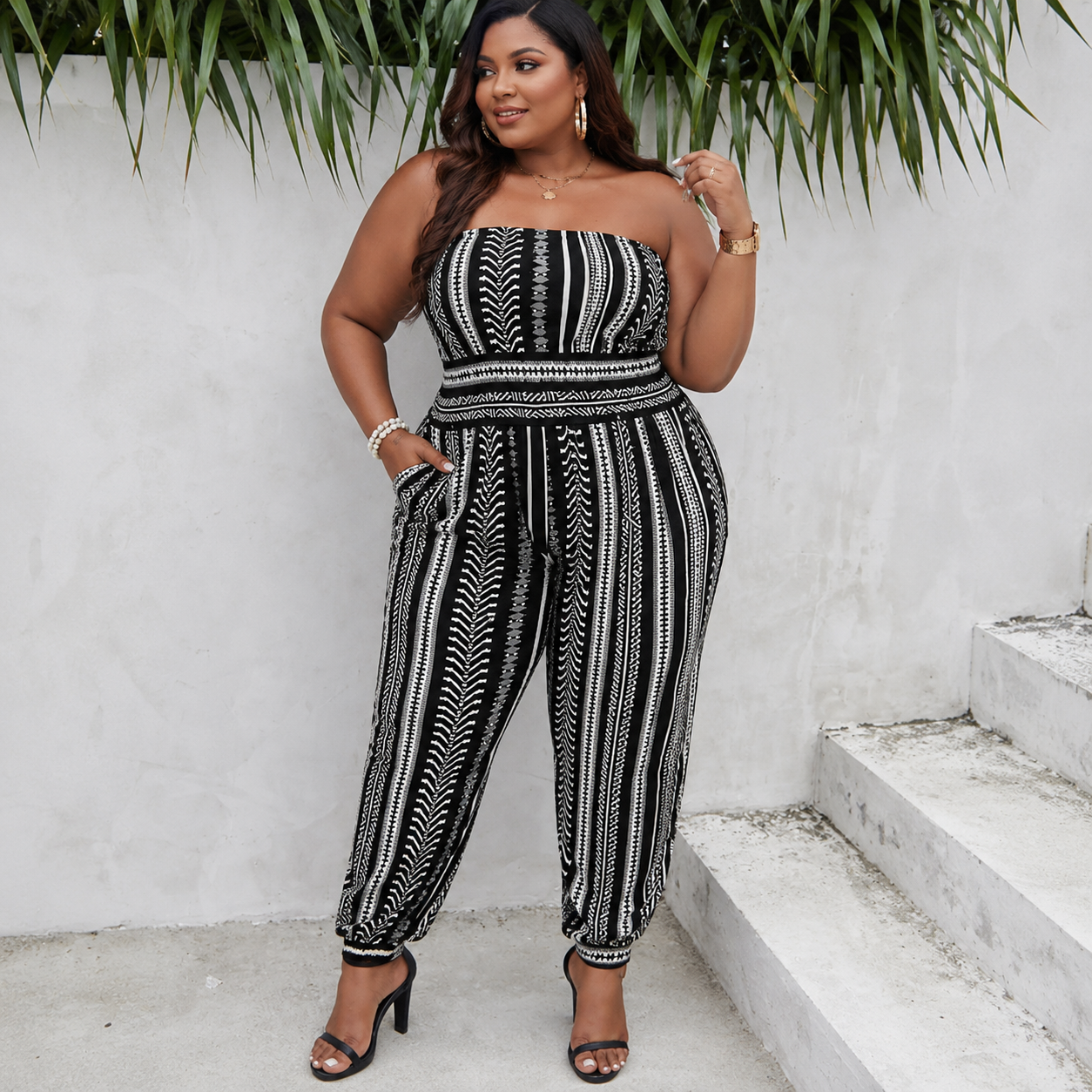 Plus Size Print Off Shoulder Sleeveless Jumpsuit