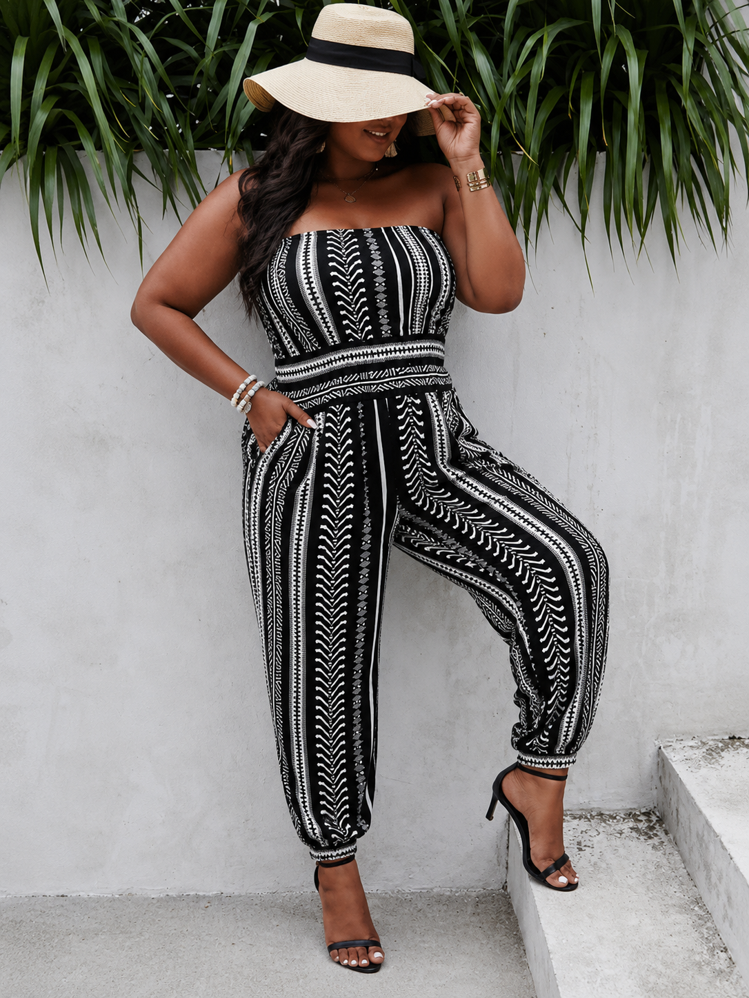 Plus Size Print Off Shoulder Sleeveless Jumpsuit