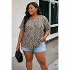Plus Size Floral Notched V Neck Short Casual Blouse