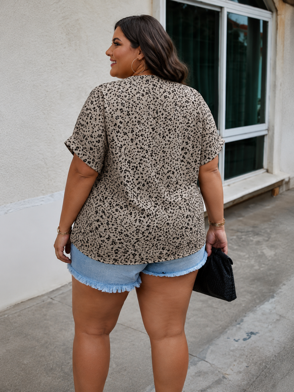 Plus Size Floral Notched V Neck Short Casual Blouse