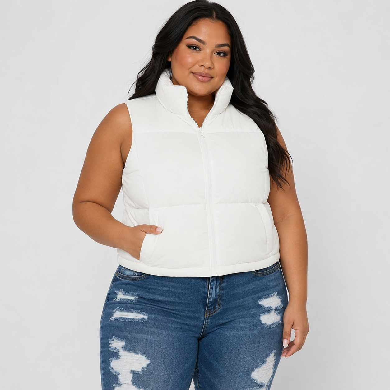 Plus Nylon High Neck Faux Down Puffer Vest
