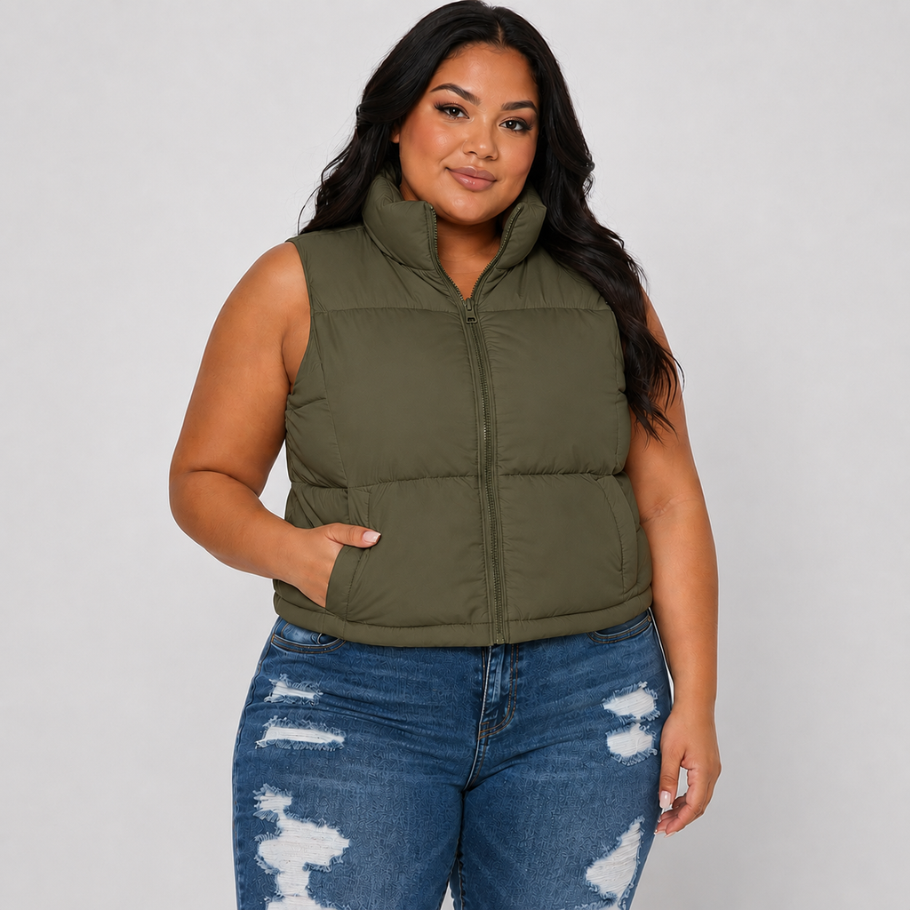 Plus Nylon High Neck Faux Down Puffer Vest
