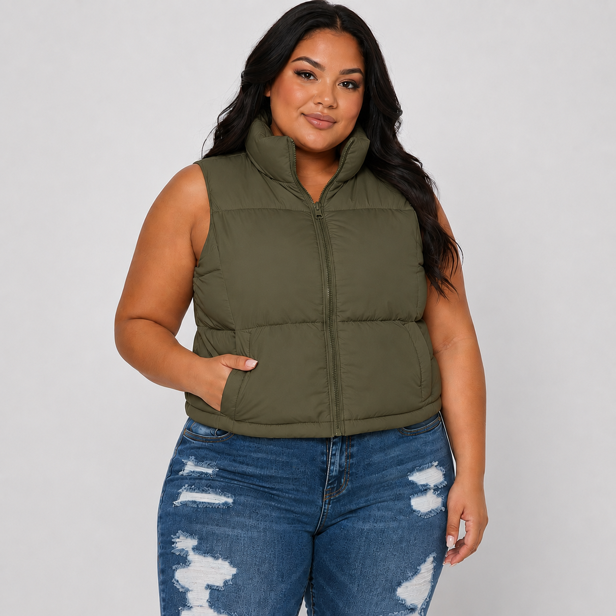 Plus Nylon High Neck Faux Down Puffer Vest