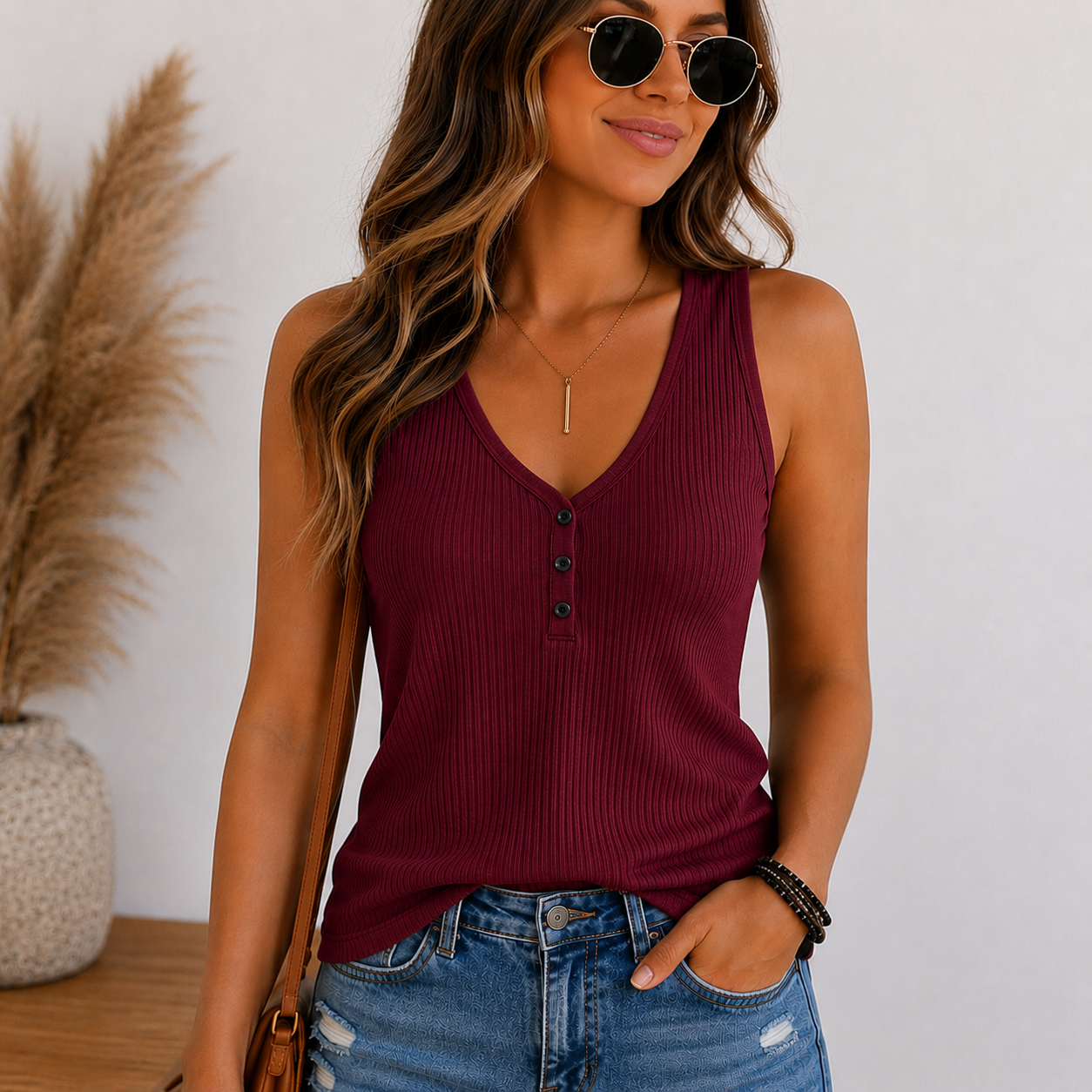 Solid Color V-Neck Breasted Slim-Fit Knit Vest