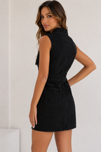 Single-Breasted Pocket Tassel Sleeveless Denim Dress