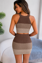Block Halter Tank Top with Skirt Two Pieces Set