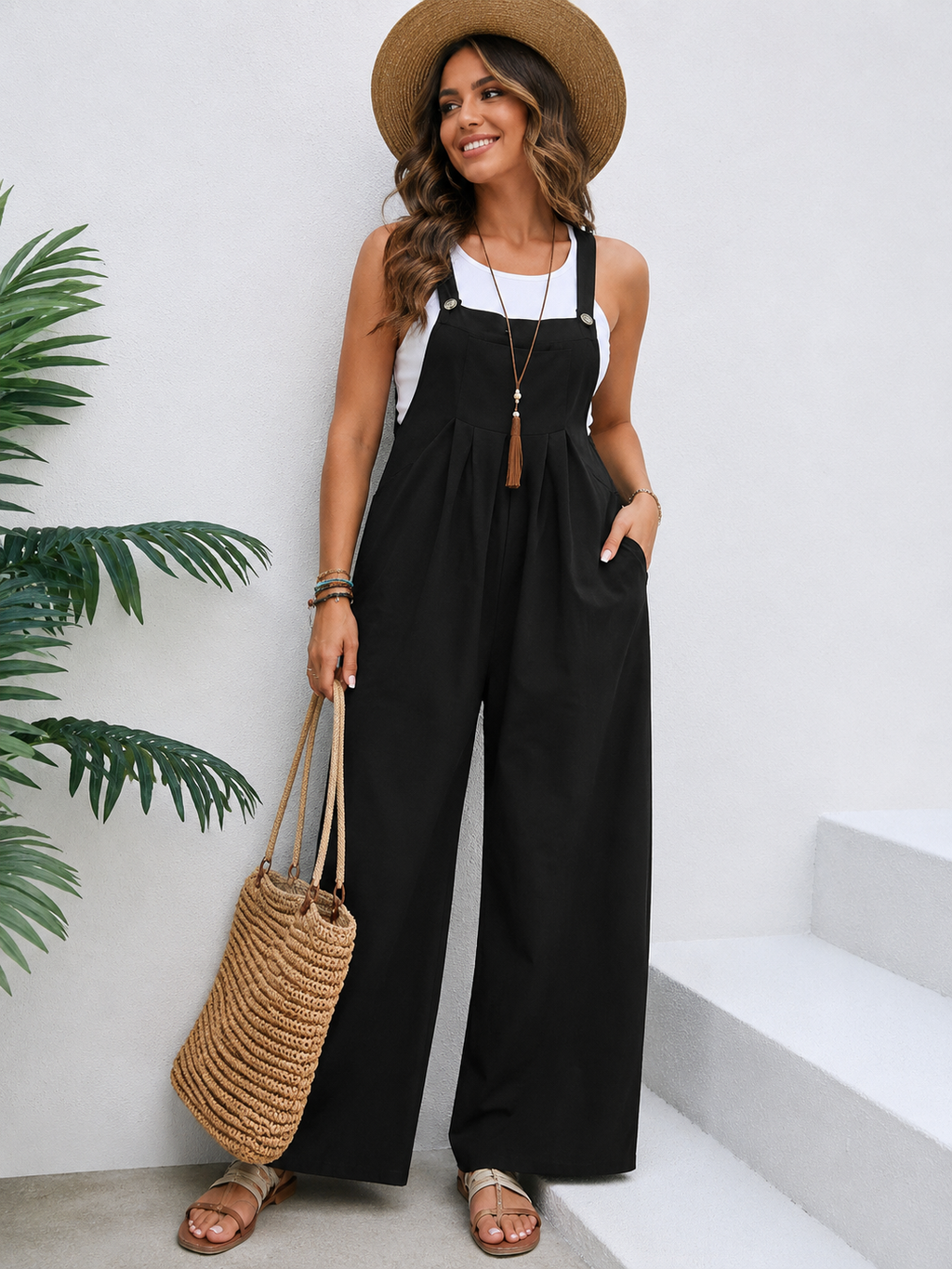Mid-Waist Retro Solid Color Loose Casual Fashion romper