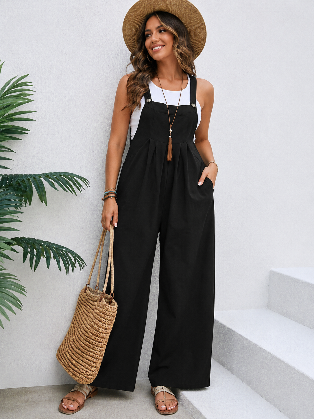 Mid-Waist Retro Solid Color Loose Casual Fashion romper