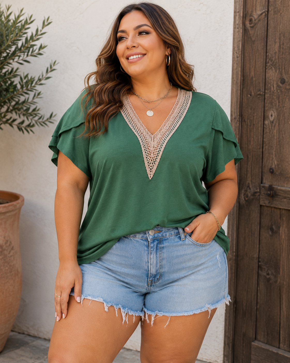 Embroidery V Neck Draped Sleeve Plus Size Blouse