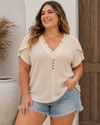 Delicate Apricot Waffle Knit Button-Front Short Sleeve Top